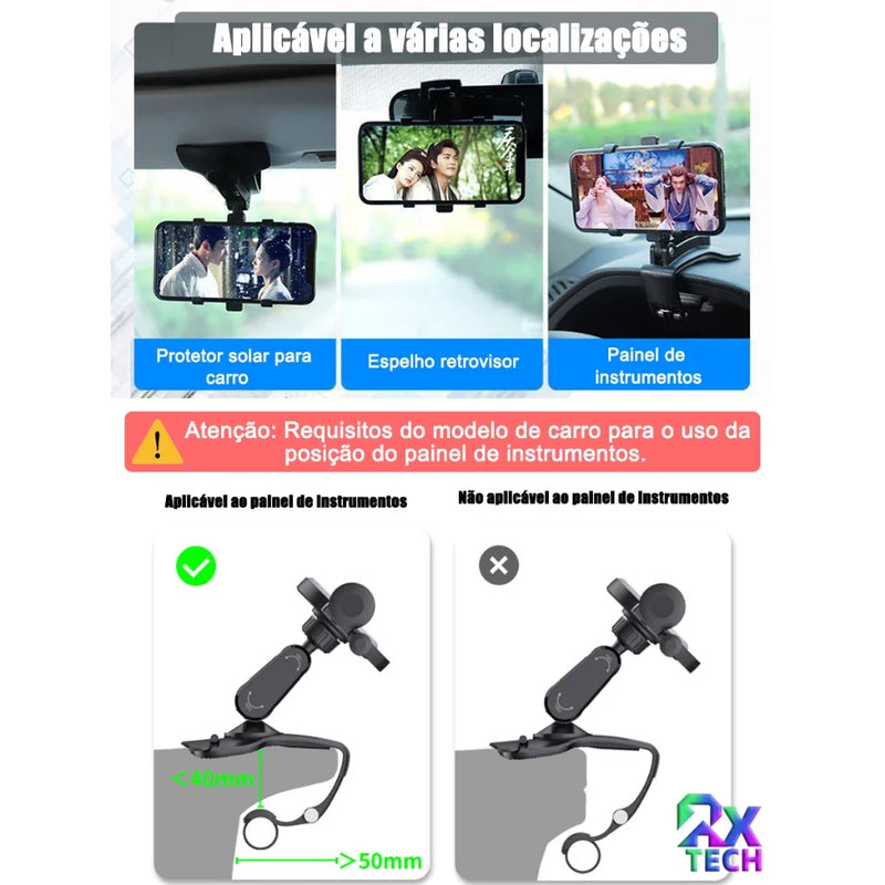 Suporte Para Celular Gps Carro Painel Retrovisor Veicular Universal Rotação 360 Graus Ajustável De Telefone
