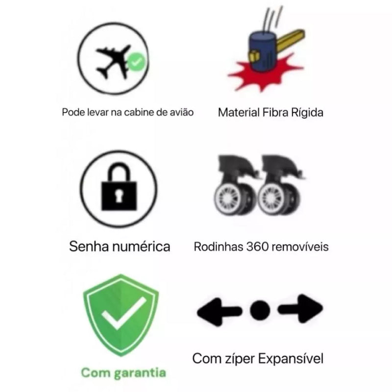 Mala de Bordo Premium 10KG com Rodinhas 360°, Cadeado e Zíper Duplo